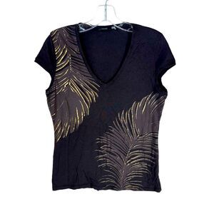 Tahari Y2K Metallic Gold Feather Graphic Top Cap Sleeve M Brown Peru Cotton